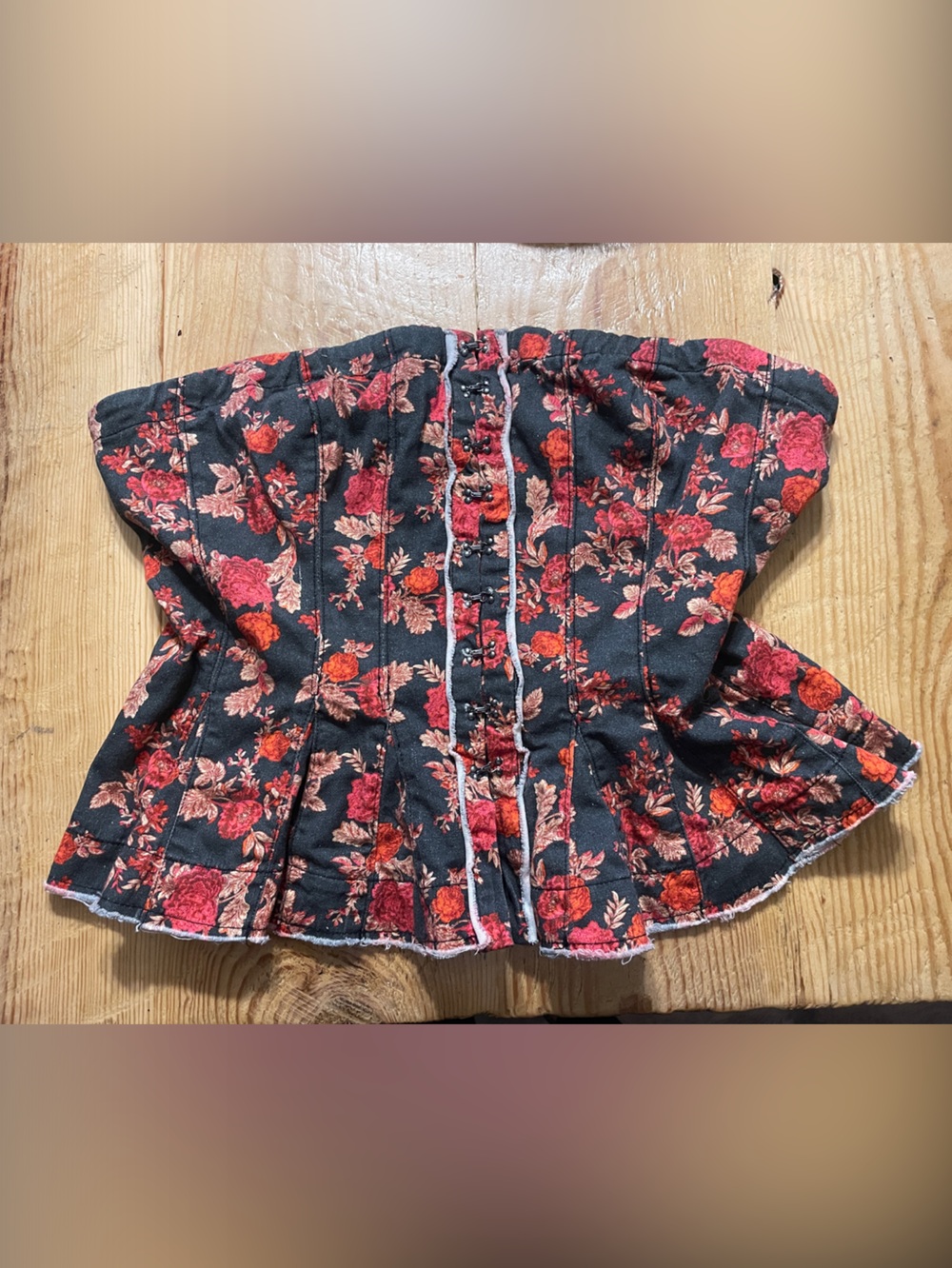 Free People Floral Black Corset Top with Red & Peach Roses